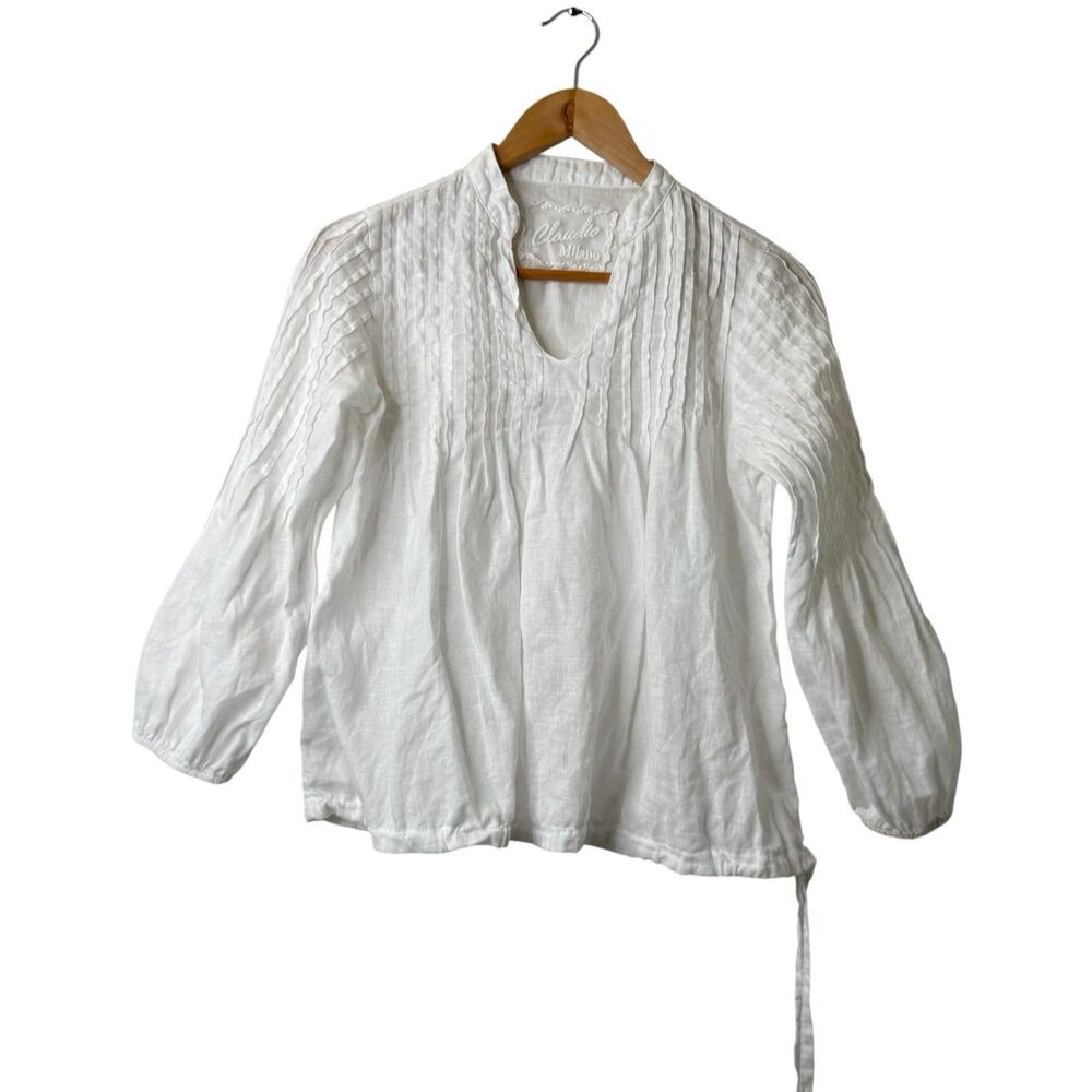 Claudio Milano White Italian Linen Pintuck Peasant Blouse Size S Coastal Resort
